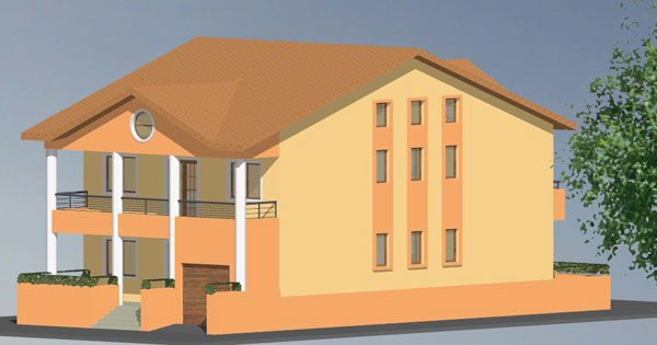 locuinte individuale Casa  parter si etaj amplasata pe teren ingust perspectiva laterala 